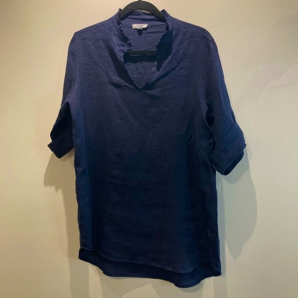 ROSEMARINE Sz M 100% Linen Ruffle Open Collar Tab Sleeve Made In Italy Blouse - Picture 1 of 8